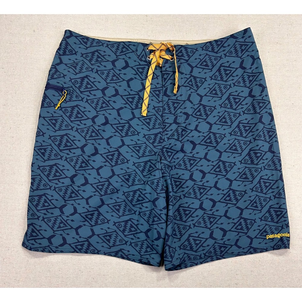 Patagonia‎ Mens 36 Board Shorts Blue Geometric Fish Print Swim Trunks 8.5"